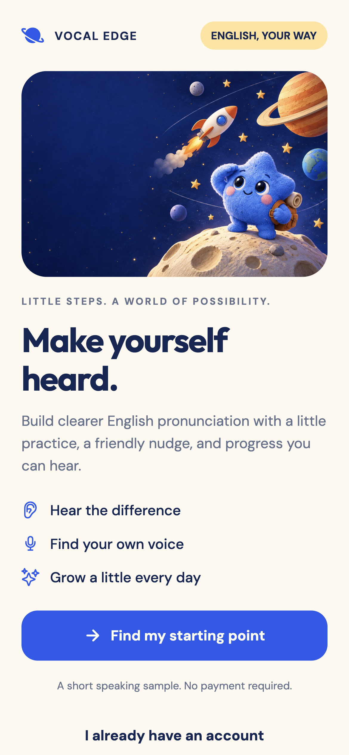 The Vocal Edge welcome screen, with its blue explorer, pronunciation practice, and Find my starting point button.
